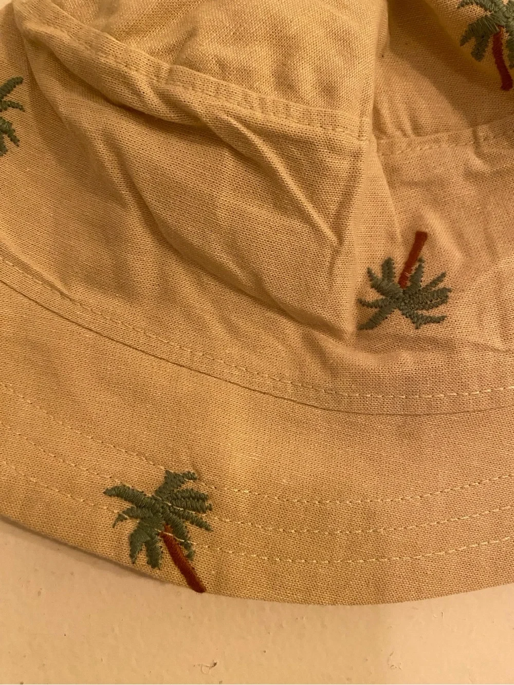 Kids Beige Embroidered Palm Tree Cotton Bucket Hat